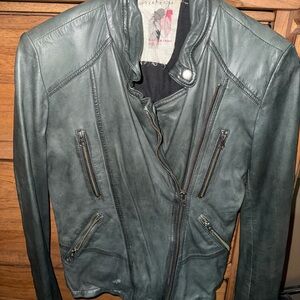 Free People Green Leather Moto Jacket Asymmetrical Design